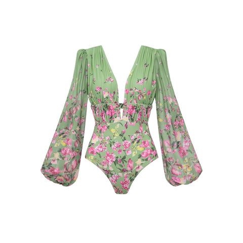Long Sleeve Floral One Piece Swimsuit and Skirt