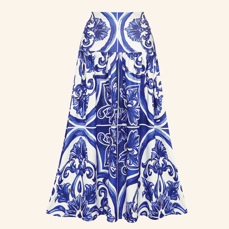 V Neck Classic Majolica Series Pattern Print One Piece Swimsuit and Pants or Shorts	