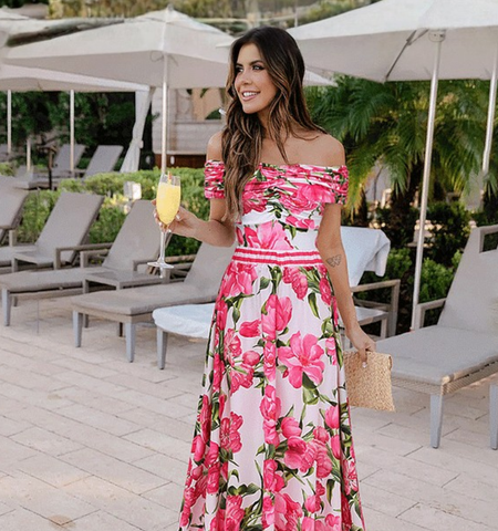 Ruched Off Shoulder Flower Print One Piece Swimsuit and Skirt	