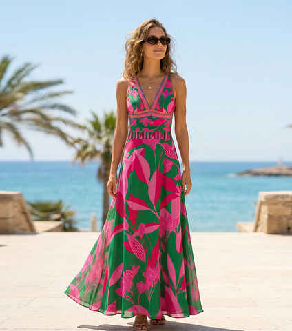 Pink & Green Colorblock Print V-Neck Swimsuit Set(s)