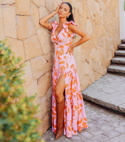 V-neck Orange Leaf Printed One Piece Swimsuit and Skirt