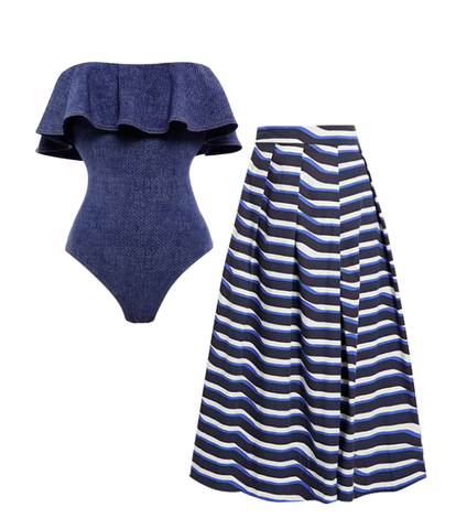 Ruffle Bandeau One Piece Swimsuit and Skirt