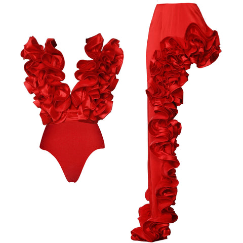 Frilled V Neck Red One Piece Swimsuit and Skirt