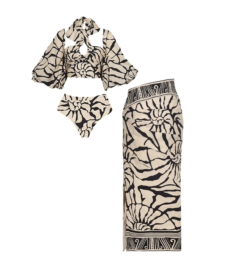 Detachable Puff Sleeves Printed High Waist Bikini Swimsuit and Skirt