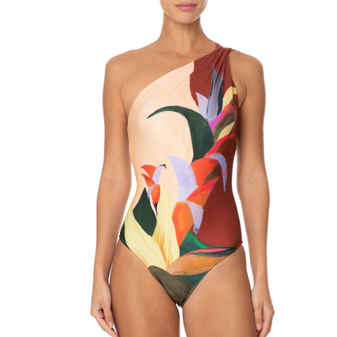 One Shoulder Printed One Piece Swimsuit and Skirt