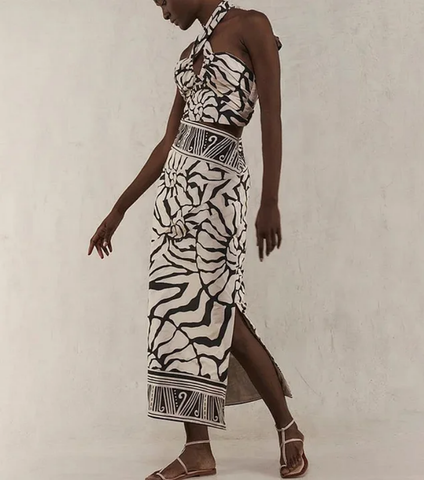 Detachable Puff Sleeves Printed High Waist Bikini Swimsuit and Skirt