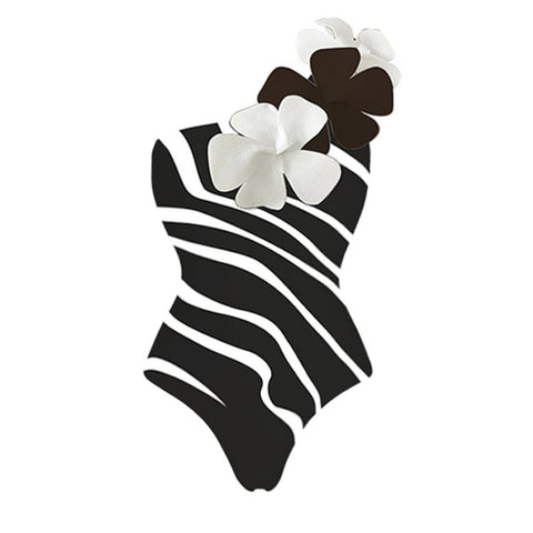 3D Flower Decor One Shoulder One Piece Swimsuit and Skirt