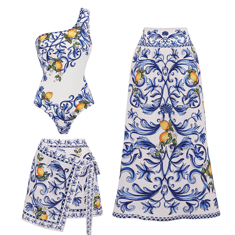 One Shoulder Lemon Printed Swimsuit Set(s)	