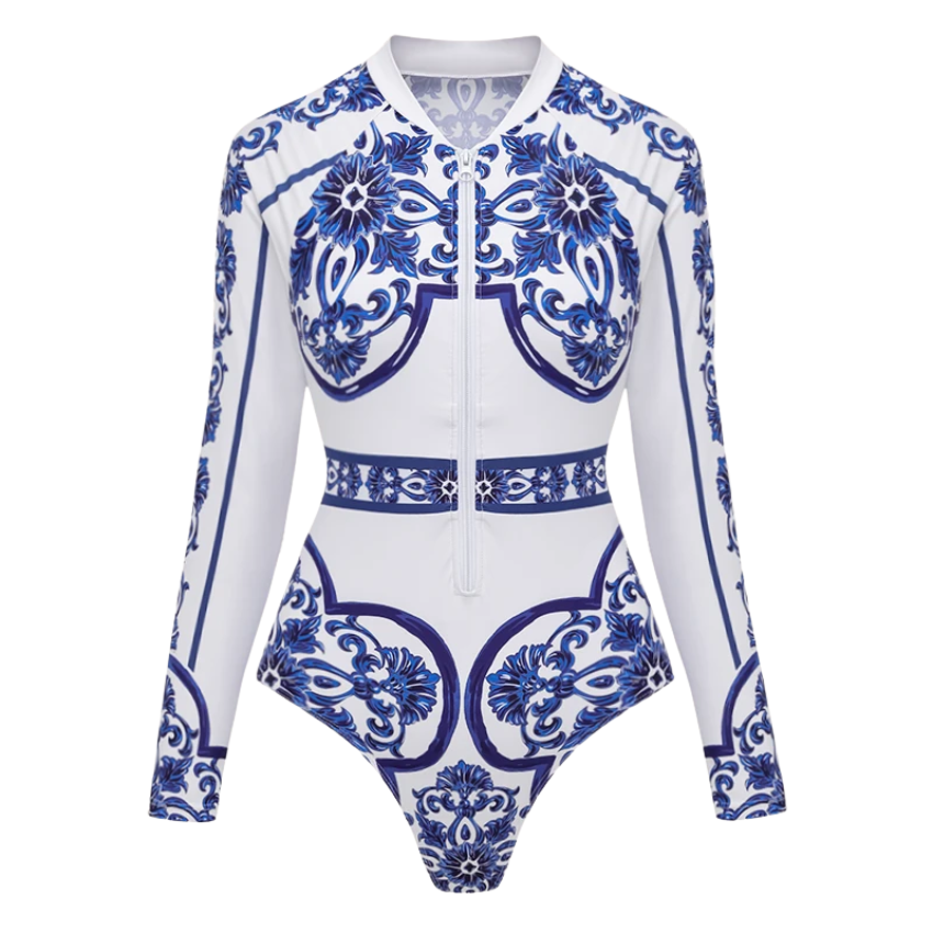 Surfing Wetsuit Classic Majolica Series Pattern Print One Piece Swimsuit and Pants or Shorts	