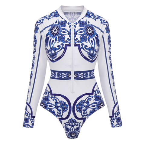 Surfing Wetsuit Classic Majolica Series Pattern Print One Piece Swimsuit and Pants or Shorts	