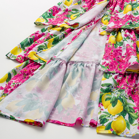 Bandeau Ruffled Lemon Floral Print One Piece Swimsuit and Mesh Splicing Sarong