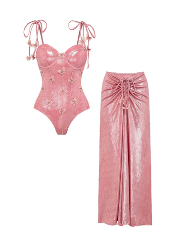Pink Shiny Embroidered Butterfly One Piece Swimsuit and Split Skirt
