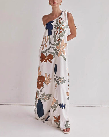 Oblique Shoulder  Printed Dress