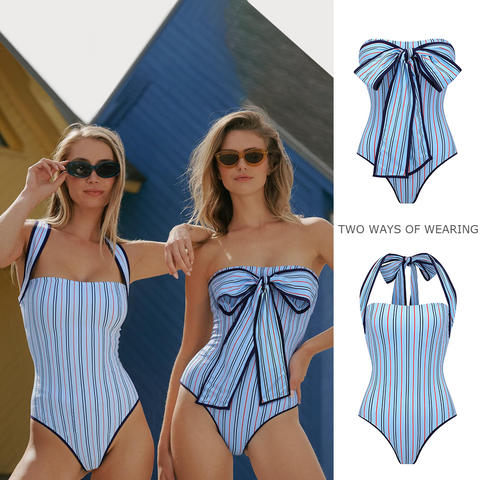 Multi-Way Striped Bowknot One Piece Swimsuit and Skirt	