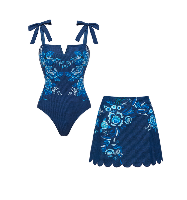 Embroidery Printed Bowknot Shoulder One Piece Swimsuit and Skirt	