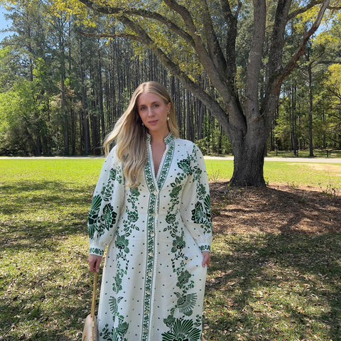 V Neck Retro Printed In Green Dress