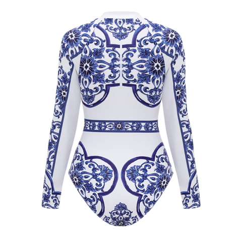 Surfing Wetsuit Classic Majolica Series Pattern Print One Piece Swimsuit and Pants or Shorts	