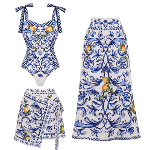 Bowknot Shoulder Lemon Printed Swimsuit Set(s)	