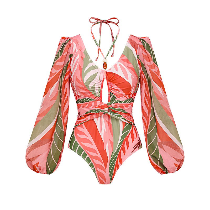 Long-sleeved Artificial Stone Decor One Piece Swimsuit and Skirt Flaxmaker	