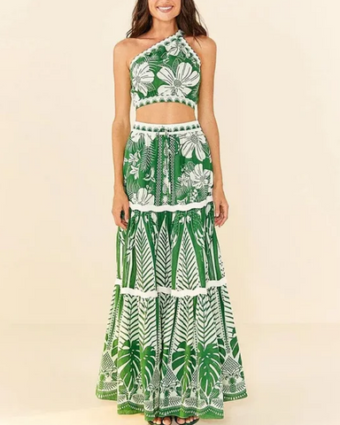 One Shoulder Green Flower Printed Bikini Swimsuit and Skirt