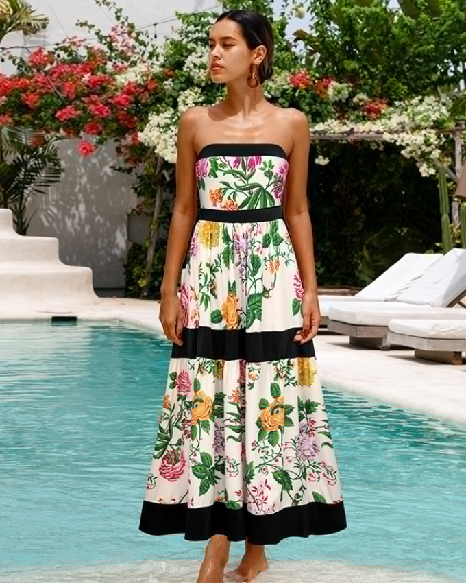 Off Shoulder Back Bow Tie Color Block Printed One Piece Swimsuit and Skirt Flaxmaker	