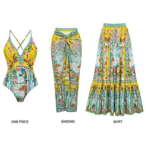 V-neck Straps Bougainville Print Swimsuit Set(s)	