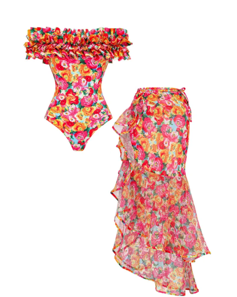 Detachable Double Shoulder Strap With Ruffles One Piece Swimsuit and sarong