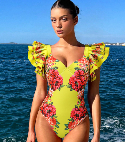 Ruffled Blooming Flower Print One Piece Swimsuit and Skirt