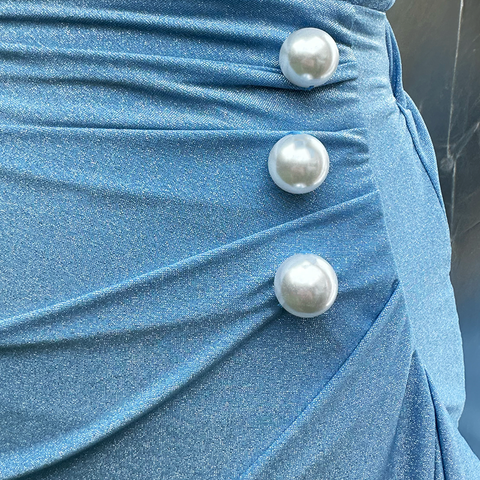 Shiny Fabric Sling Pearl Decor Light Blue One Piece Swimsuit and Skirt