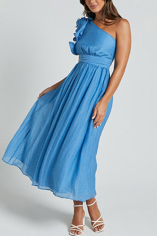 Oblique Shoulder Ruffle Dress