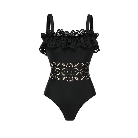 Ruffle Black Laser Cutting Flower Hollow Swimsuit Set(s)