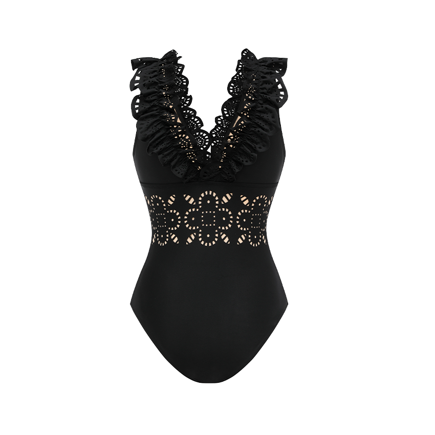 Ruffle Black Laser Cutting Flower Hollow Swimsuit Set(s)	