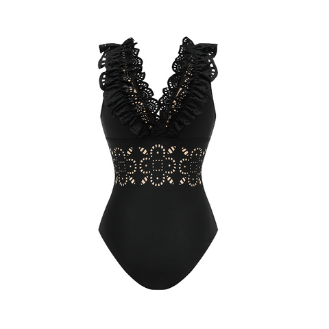 Ruffle Black Laser Cutting Flower Hollow Swimsuit Set(s)	