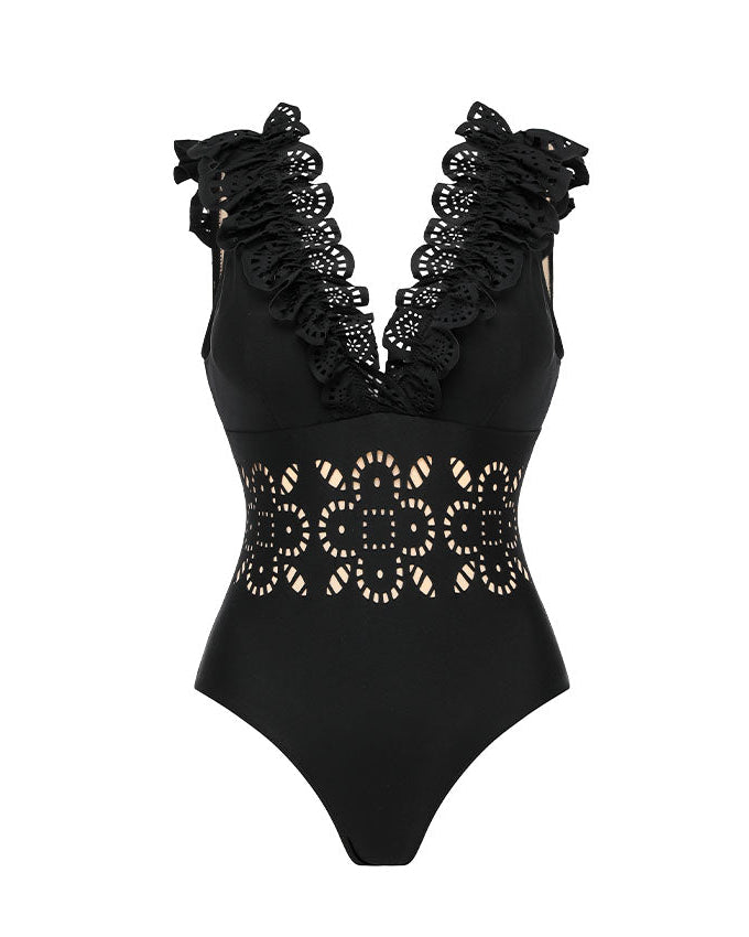 Ruffle Black Laser Cutting Flower Hollow Swimsuit Set(s)	