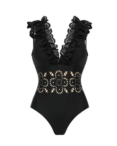Ruffle Black Laser Cutting Flower Hollow Swimsuit Set(s)	