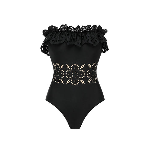 Ruffle Black Laser Cutting Flower Hollow Swimsuit Set(s)