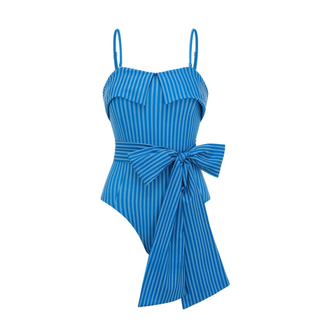 Bandeau Bowknot Decor Striped Print Swimsuit Set(s)