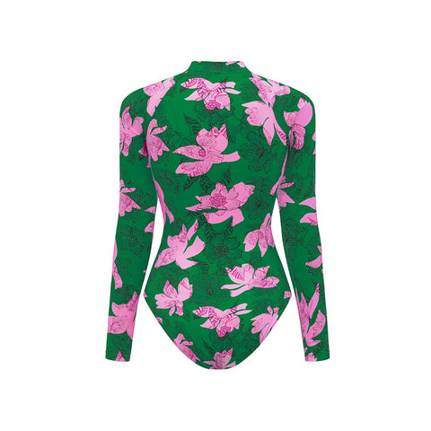 Zipper Printed Long Sleeve Rashguard Swimsuit Set(s)
