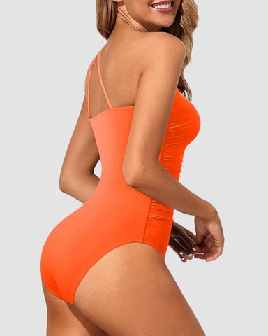 One Shoulder Tummy Control Patterned Back One Piece Swimsuit