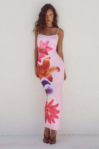 Sling Backless Blossom Print Slit  Dress