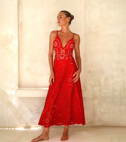 Red Laser Cutting Flower Hollow One Piece Swimsuit and Skirt