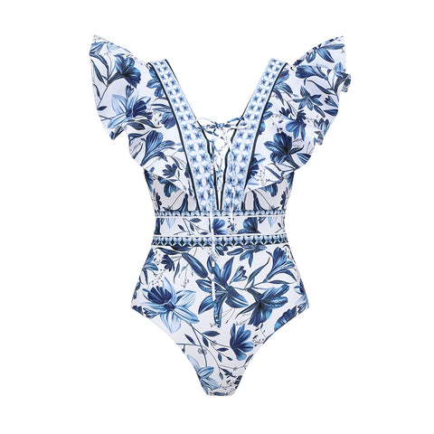 V Neck Ruffle Lace Up Printed One Piece Swimsuit and Skirt
