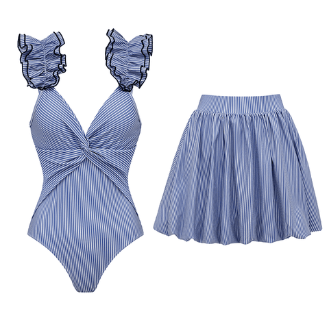 One Shoulder Ruffle Stripe Print One Piece Swimsuit and Skirt