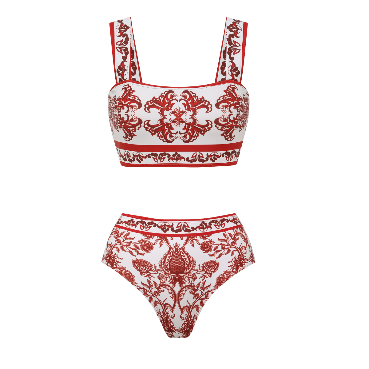 Red Flower Totem Pattern Print Bikini and Skirt	