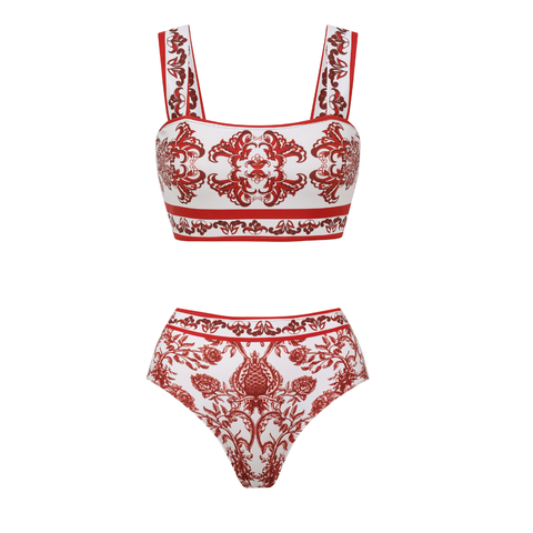 Red Flower Totem Pattern Print Bikini and Skirt	