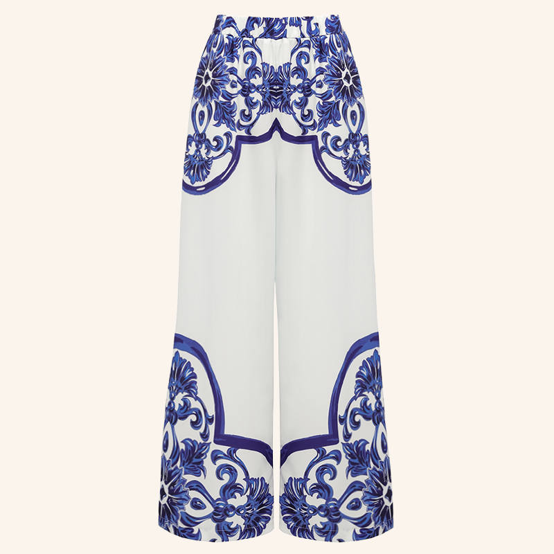 V Neck Classic Majolica Series Pattern Print One Piece Swimsuit and Pants or Shorts	