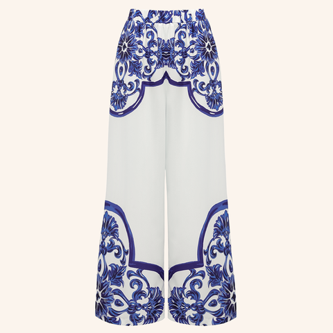 V Neck Classic Majolica Series Pattern Print One Piece Swimsuit and Pants or Shorts	