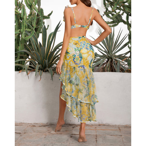 Lemon Print Ruffle Strap Bikini Swimsuit and Mesh Splicing Sarong