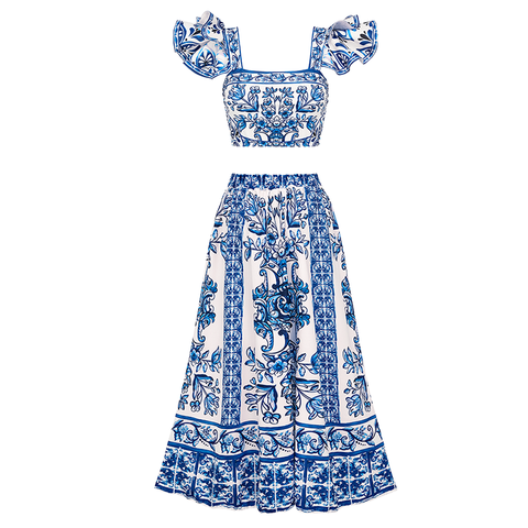 Ruffle Blue and White Porcelain Pattern Majolica Print Bikini Swimsuit and Skirt or Sarong	