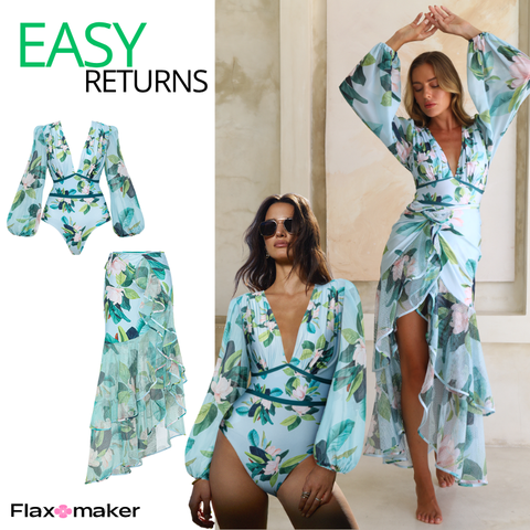 Long-sleeved Mangnolia Print One Piece Swimsuit and Skirt